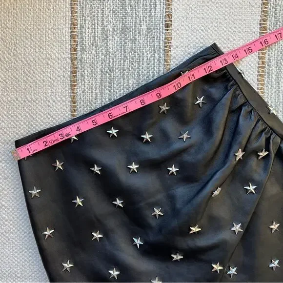 Alice + Olivia Fidela Black Silver Stars Stud Drape 100% Leather Mini Skirt 0 - Picture 5 of 9